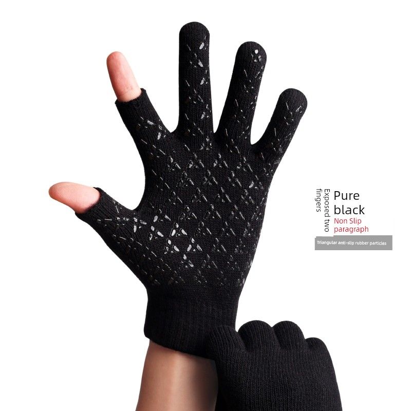 

Touch Screen Gloves Men Winter Fleece-lined Wool Wind and Skid Heattech Couple Students Open Outdoor Cycling Female Gloves Pure Black Dew Two Finger One size