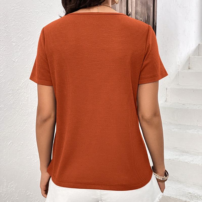 Women's Solid Waffle T-shirt Casual Round Neck Short Sleeve T-shirts Top for Women