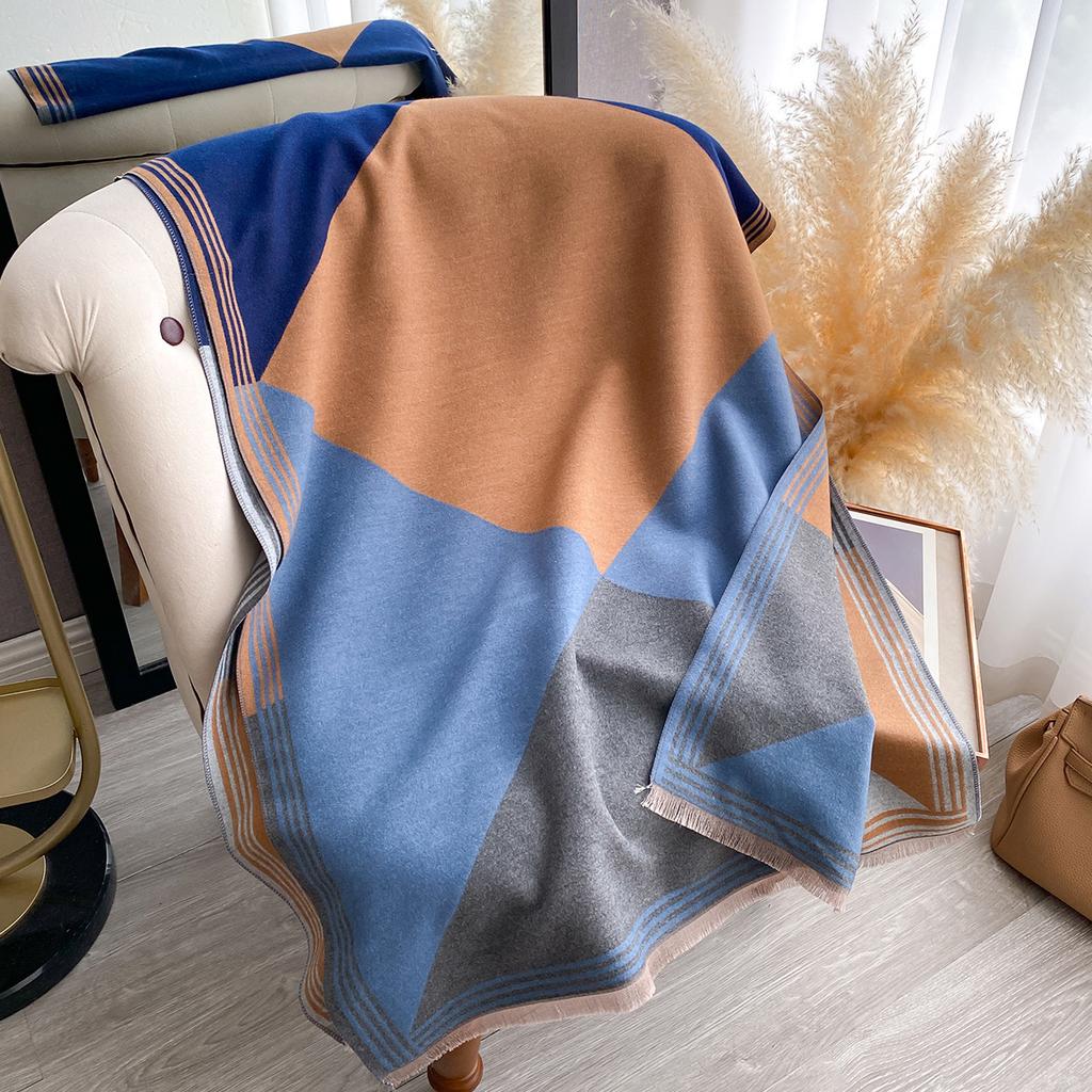 Winter Geometric Splicing Letters Versatile Simple Neck Protection Warm Scarves High Temperament Women Two-Sided Jacquard Shawl