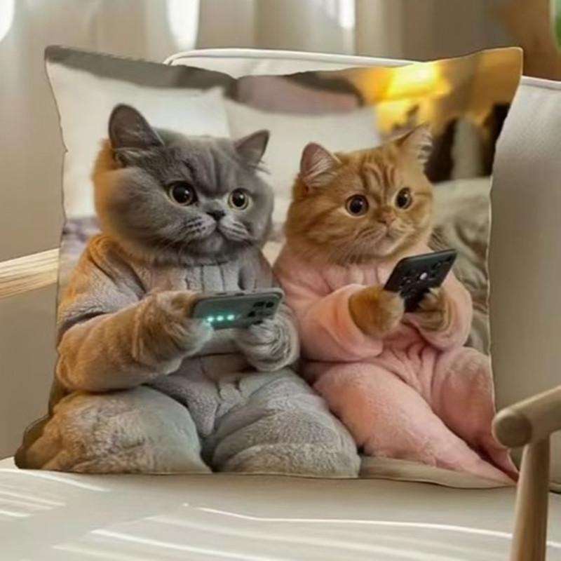 Colorful Bohemian Short Plush Pillowcase 45x45cm Adorable Kitten Living Room Bedroom Decor (Pillow Insert Not Included)