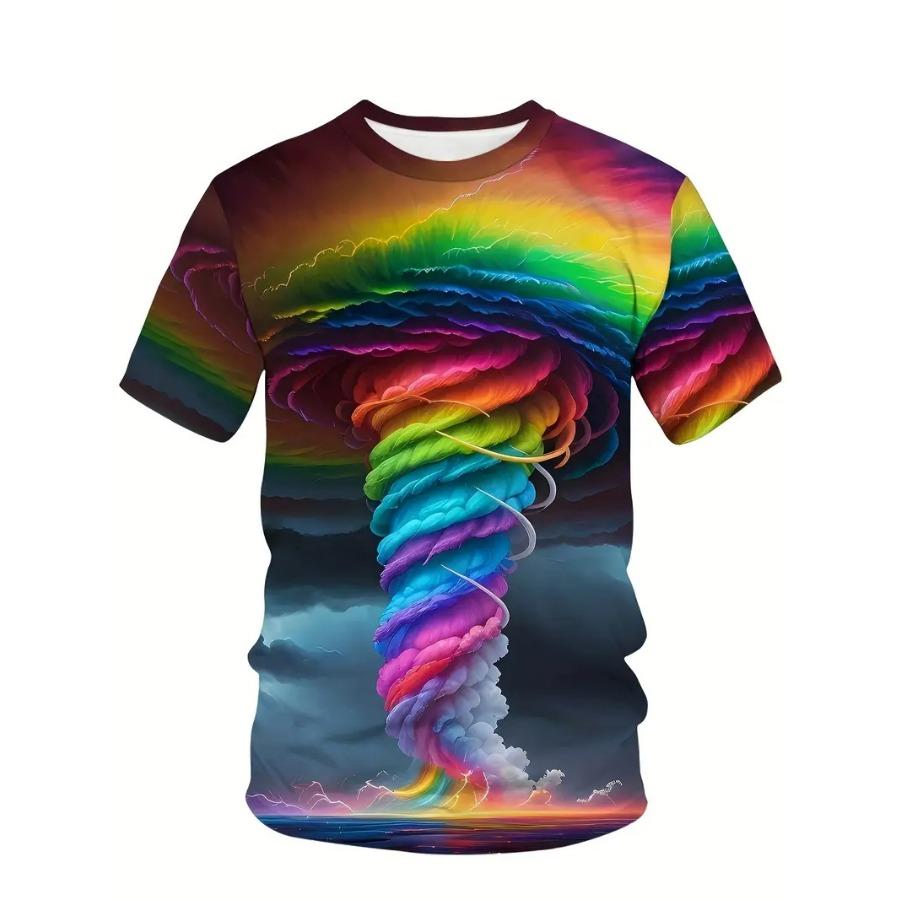 Spring and Autumn Rainbow Spiral Cloud Vitality Gradient Casual Women's Shirt Sports Men's Short Sleeve 3D Printed T-shirt