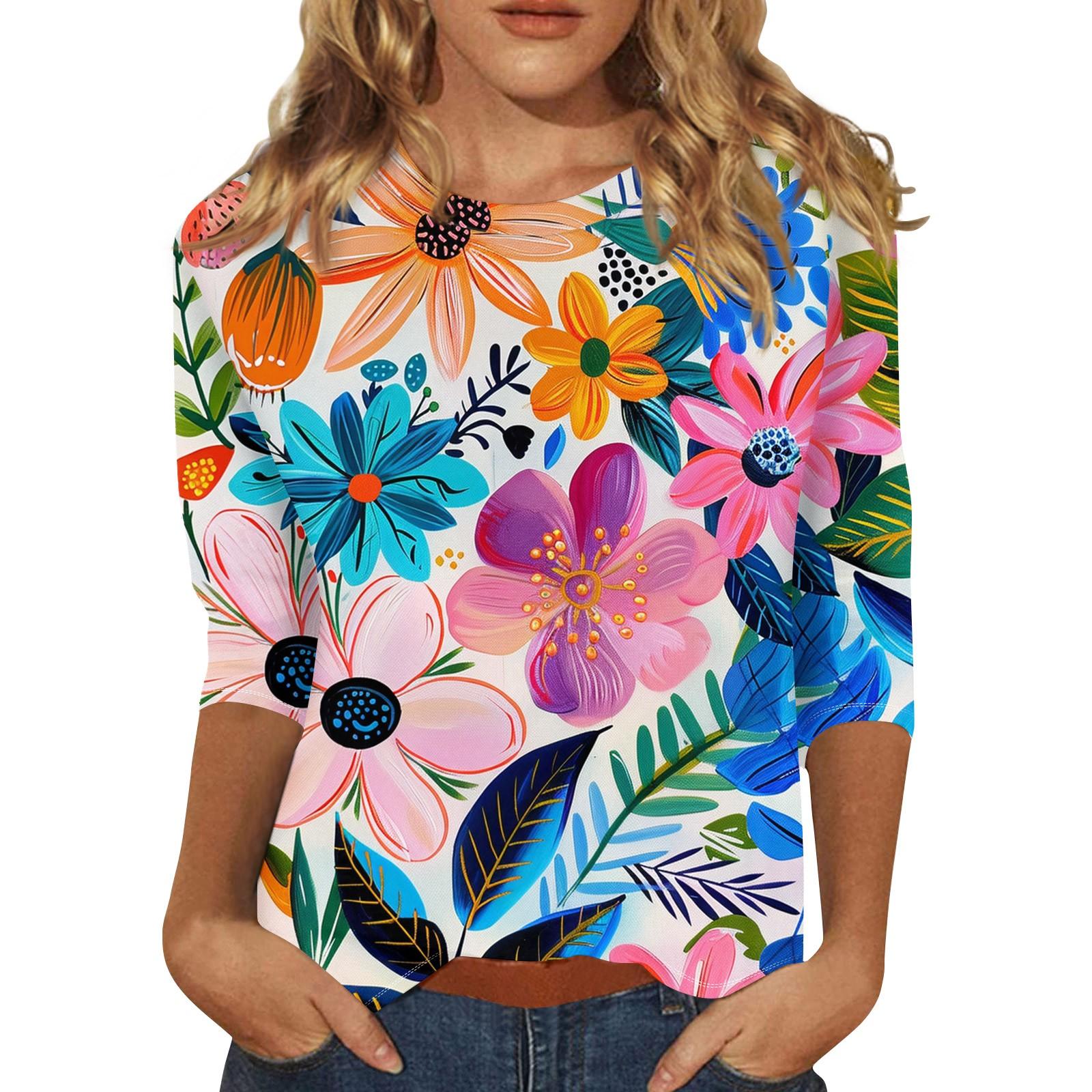 Женский топ с цветочным принтом, круглым вырезом и рукавами три четверти Футболка Футболка с рукавами три четверти XXXXXL