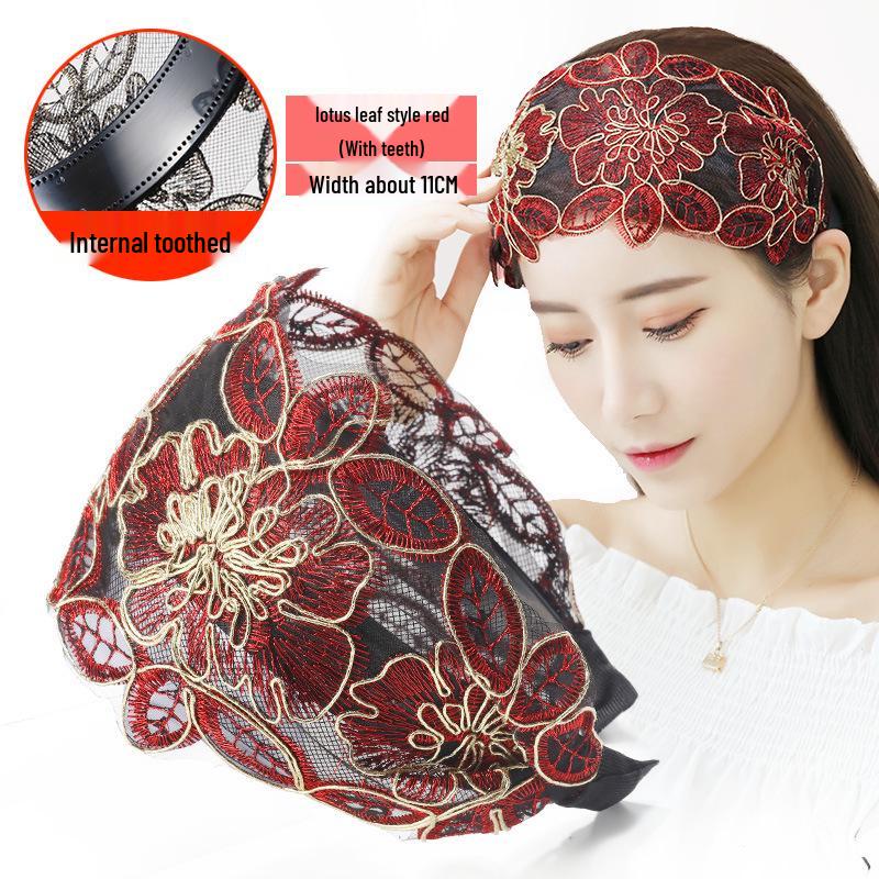 Korean Ethnic Style Embroidered Headband: Wide Lace Hairband for Concealing White Hair, Slimming Face Effect, Fashionable Hair Clip Accessory