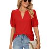 Summer Women's T-shirt Casual V-neck Solid Color Hollowed Out Bubble Sleeve Loose T-shirt Tops Female