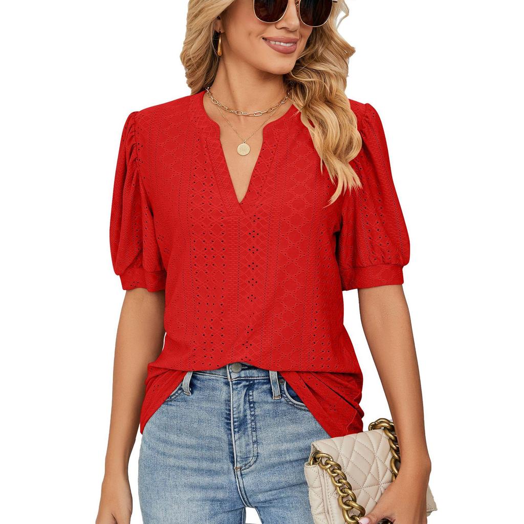 Summer Women's T-shirt Casual V-neck Solid Color Hollowed Out Bubble Sleeve Loose T-shirt Tops Female