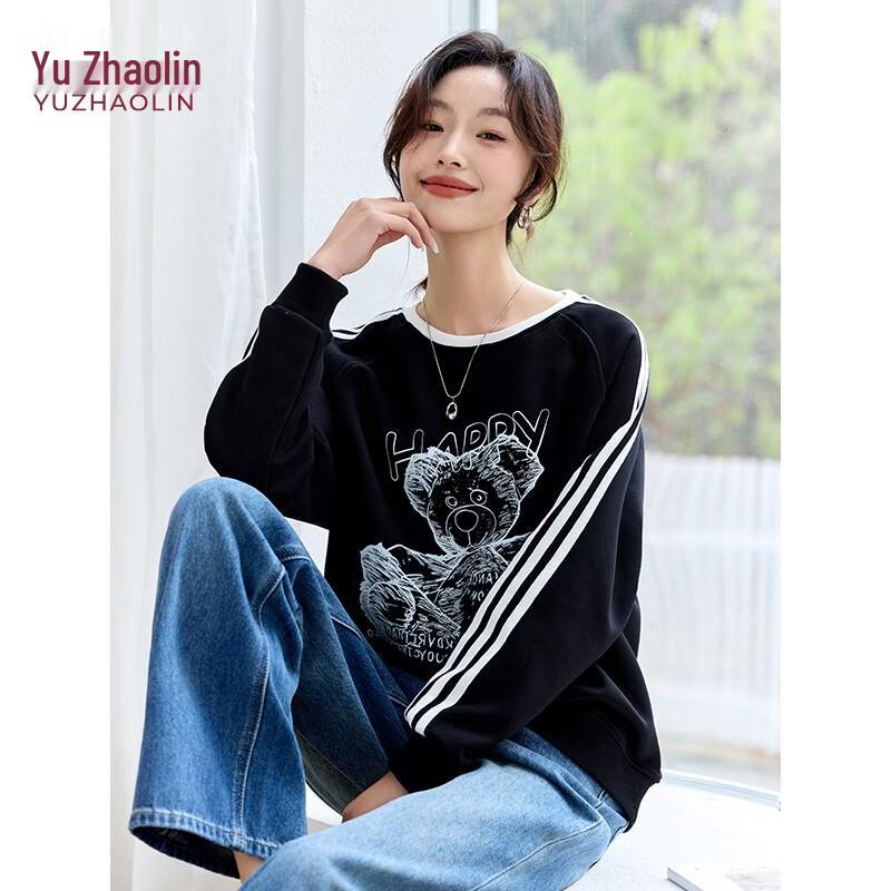 Yuzhaolin Women's Bear Print Striped Color Block Round Neck Sweatshirt