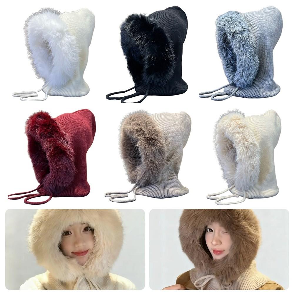 Versatile Balaclava Hat Imitation Mink Wool Drawstring Design Knitted Hat Warm Cold-proof Pullover Hat Autumn Winter Women Wear