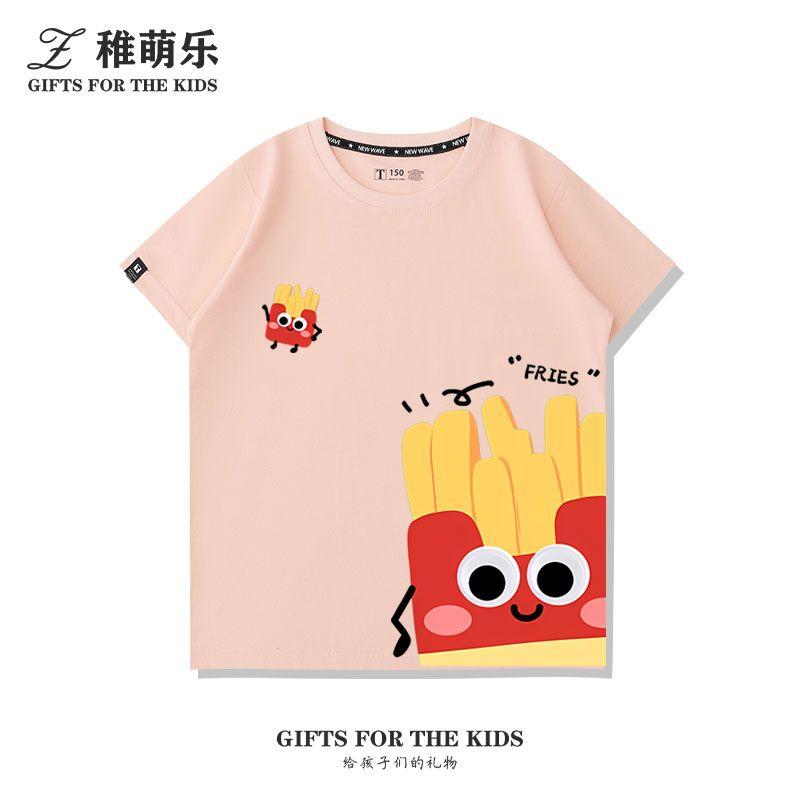 French Fries and Burger Cartoon Print Cute T-Shirt for Men, Women, and Children Summer Casual 2026 New Short Sleeve Shirt
