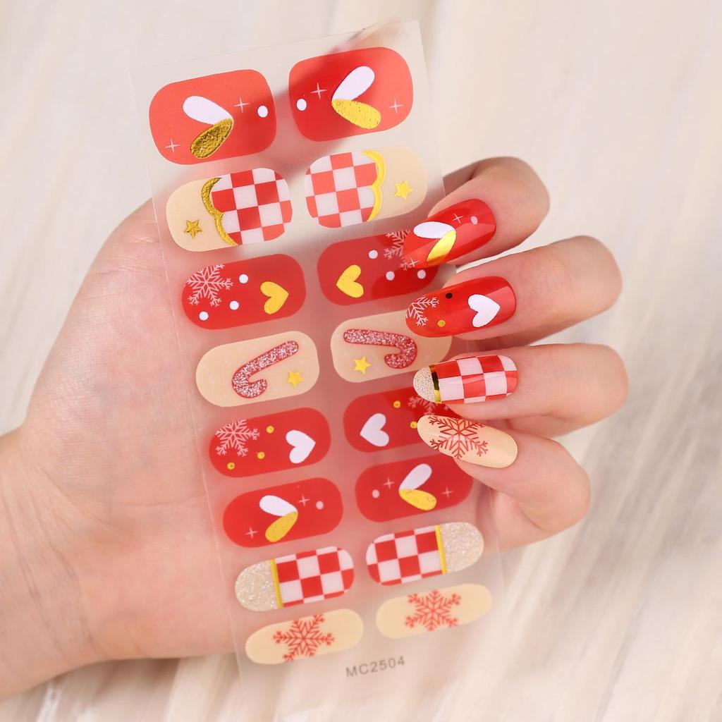 16-Piece European/American Christmas Gel Nail Stickers – No-Bake, French Manicure Style