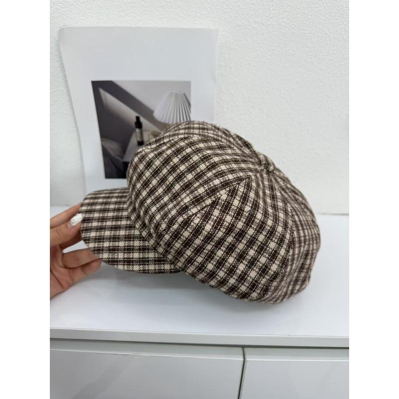 Plaid Japanese Retro Front Hat Big Head Circumference Showing Face Little Painter Hat Hundreds of Casual Wear Newspaper Boy Hat