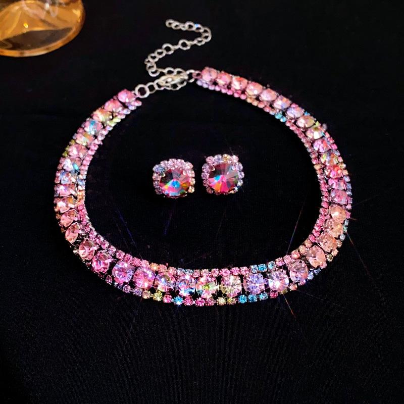 Full Shiny Rhinestone Inlaid Stud Earrings & Necklace Elegant Bling Bling Style Alloy Jewelry Banquet Accessories
