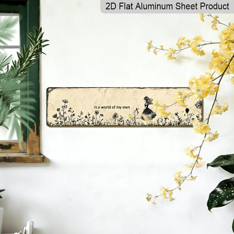2D Flat, 1pc Vintage "In A World of My Own" Metal Wall Art Sign - Rustic Retro Aluminum Decorative Sign with Floral Whimsical Design, 15.7×3.94inch