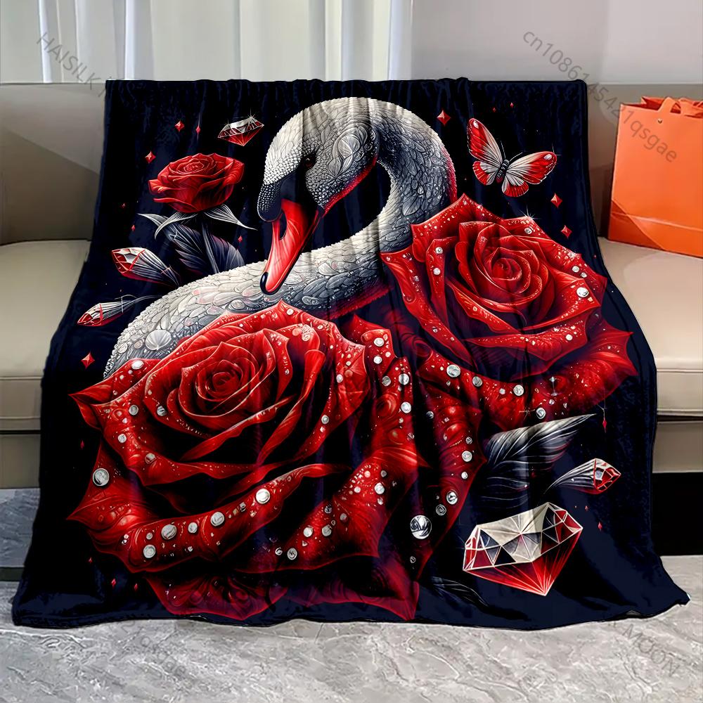 

1PC Swans and Red Flowers Print Blanket Warm Soft Luxury Gifts for Children Adults Suitable for Home Sofa Bed Travel Camping 75x90cm