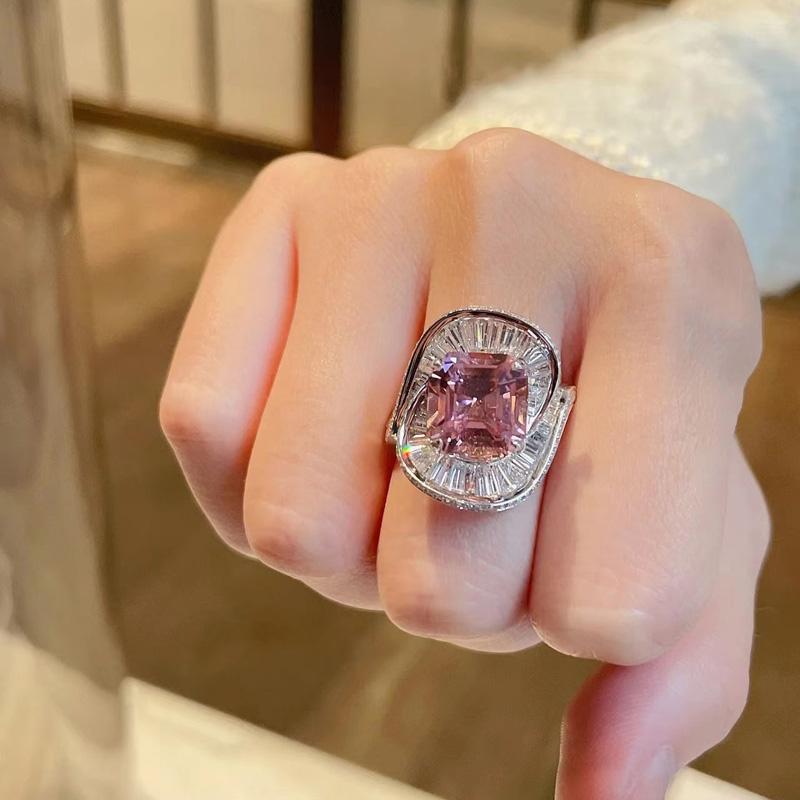 Charms Pink Quartz Wedding Flower Rings Women's  Sterling Silver  Romantic Zircon Engagement Anniversary Party Gift