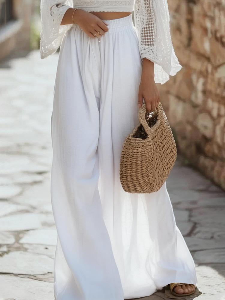 Women Summer Solid Color Loose Wide Leg Casual Long Pants