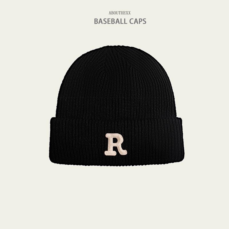 Hats for Women's Autumn and Winter New Warm Knitted Hat Korean Version Versatile R Letter Wool Hat Couple Head Hat Men's Trend
