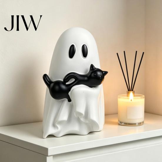 Small Ghost Holding Black Cat Statue Halloween Ornament, Hugging A Sculpture, Unique Seasonal Decor Resin Figurine, for Home Bedroom Entrance Display