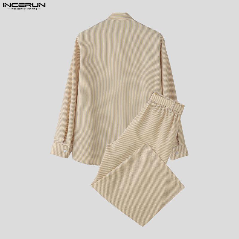 INCERUN 2PCS Men Striped Long Sleeve Shirts Long Pants Casual Outfits Sets