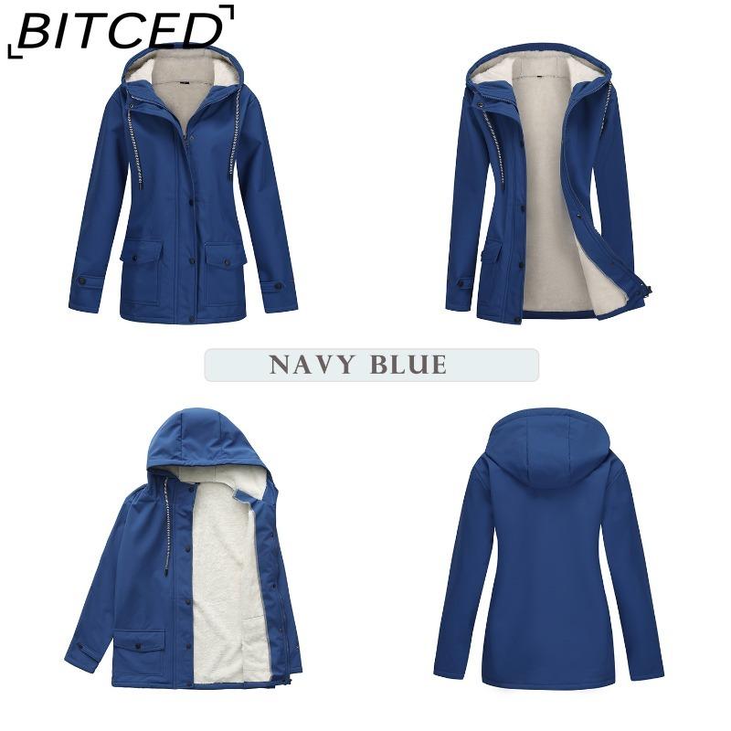BITCED Women's Spring/Autumn Hooded Trench Coat with Fleece Lining and Water-Repellent Finish Long-Sleeved Zip-Up Cardigan