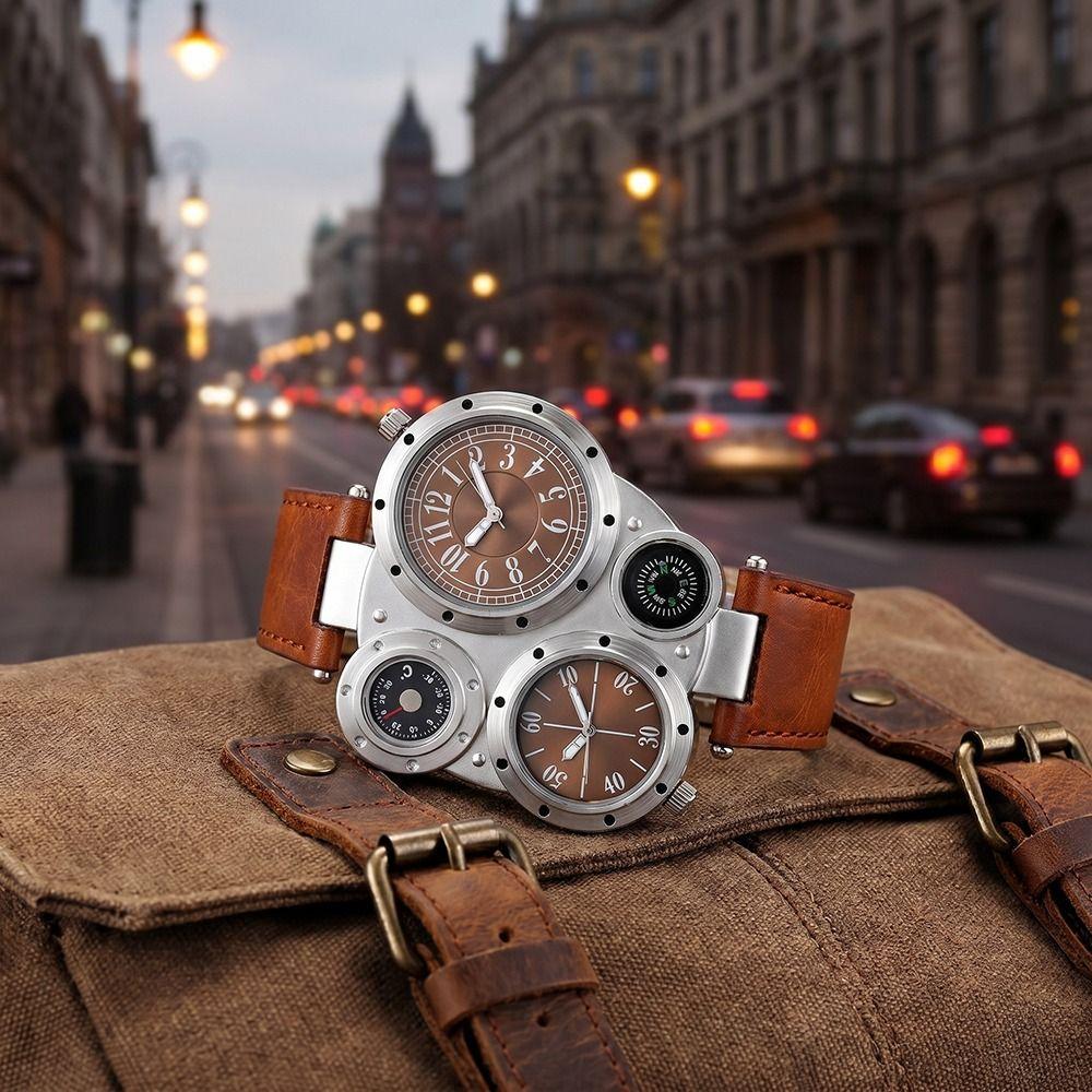 PU Leather Strap Dual Time Zone Watch Leather Strap Quartz Watch Big Face Watches  Male