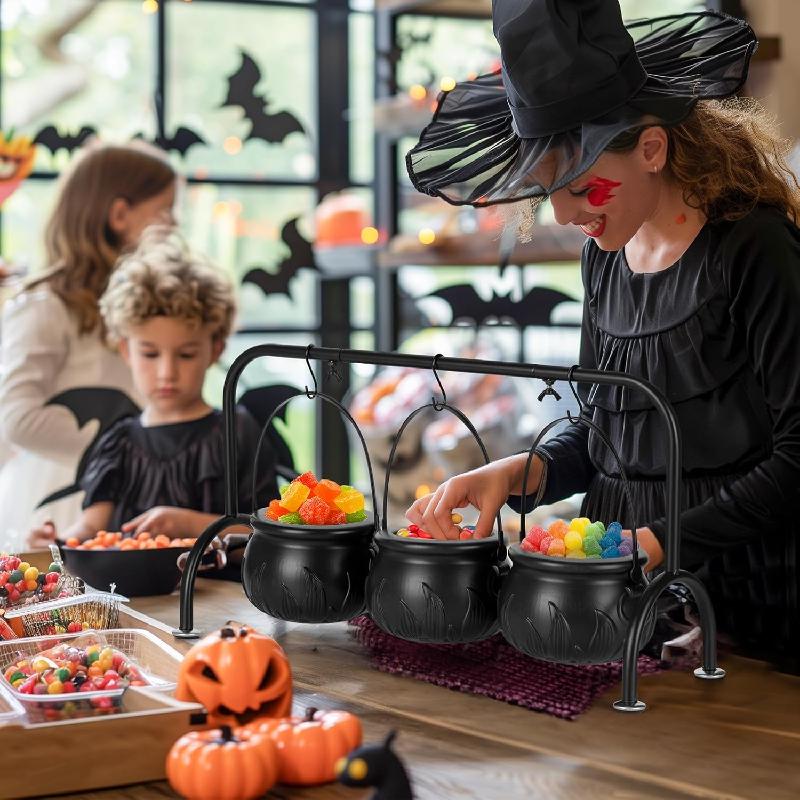 Halloween Decorations Indoor, Halloween Witches Cauldron Candy Serving Bowls On Rack, Black Plastic Cauldron with Skeletons