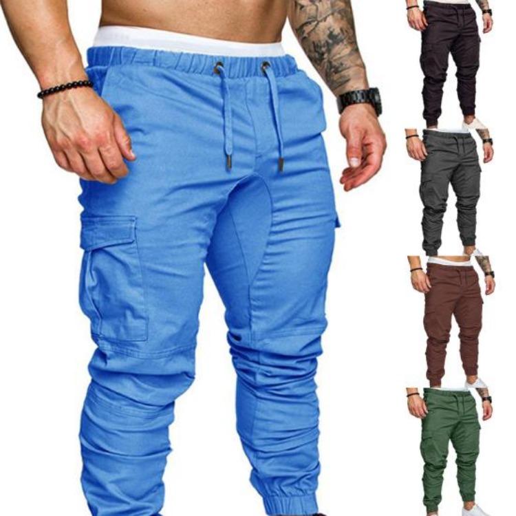 Skinny Cargo Pants Casual Men Solid Color Drawstring Waist Ankle Tied Pockets