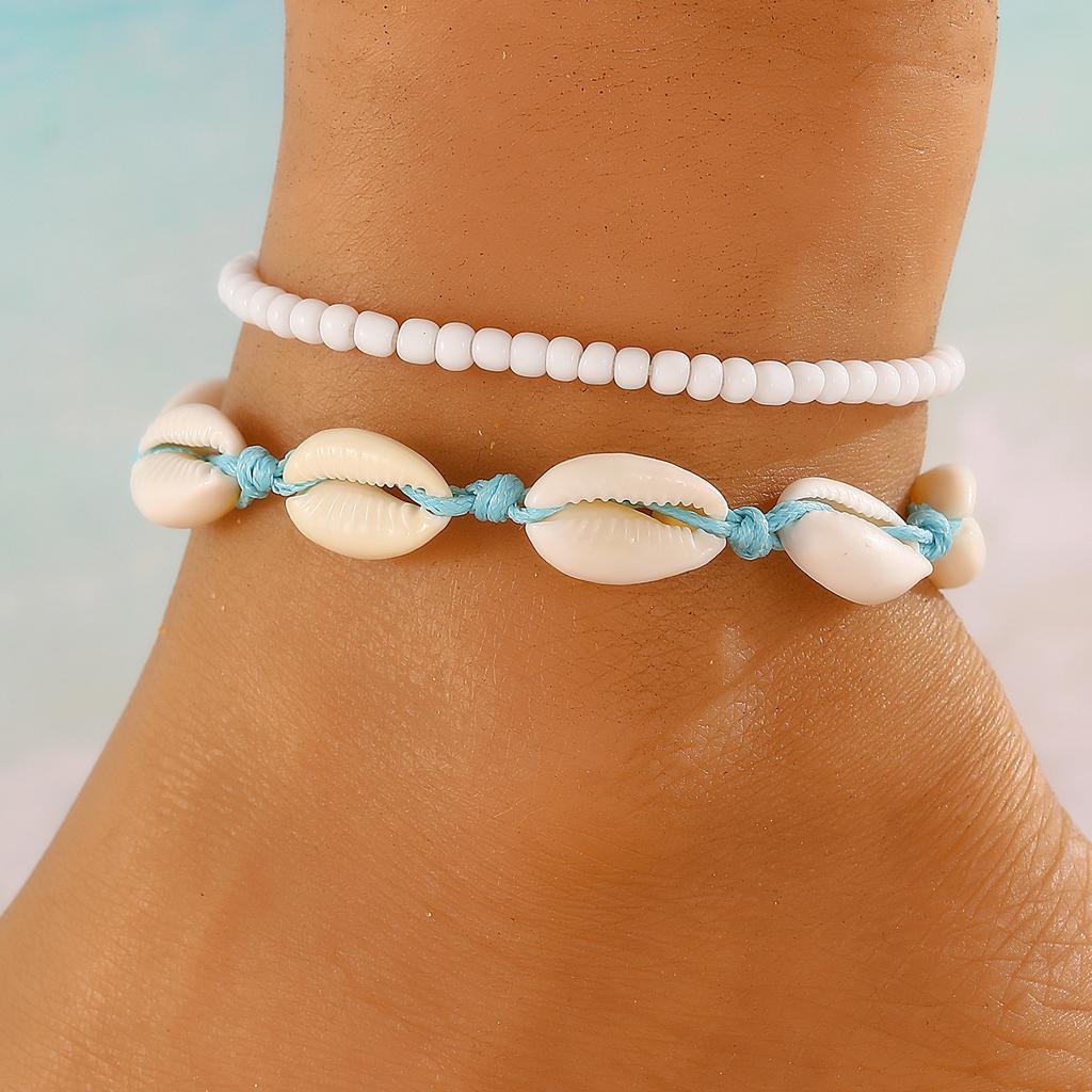 Bohemian Beach Anklet Set, Multi-Layer Beaded & Shell Charm Ankle Bracelets with Starfish, Turtle, Tassel Details