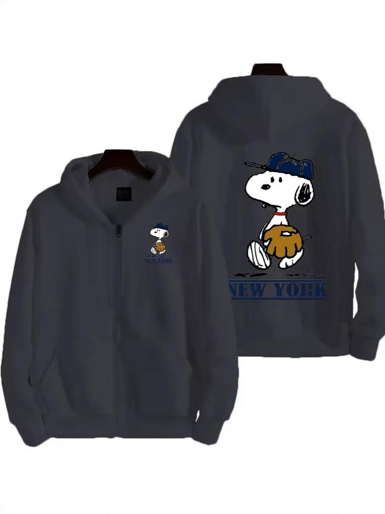 Snoopy Print Unisex Zip-Up Hoodie - Warm & Loose for Autumn/Winter