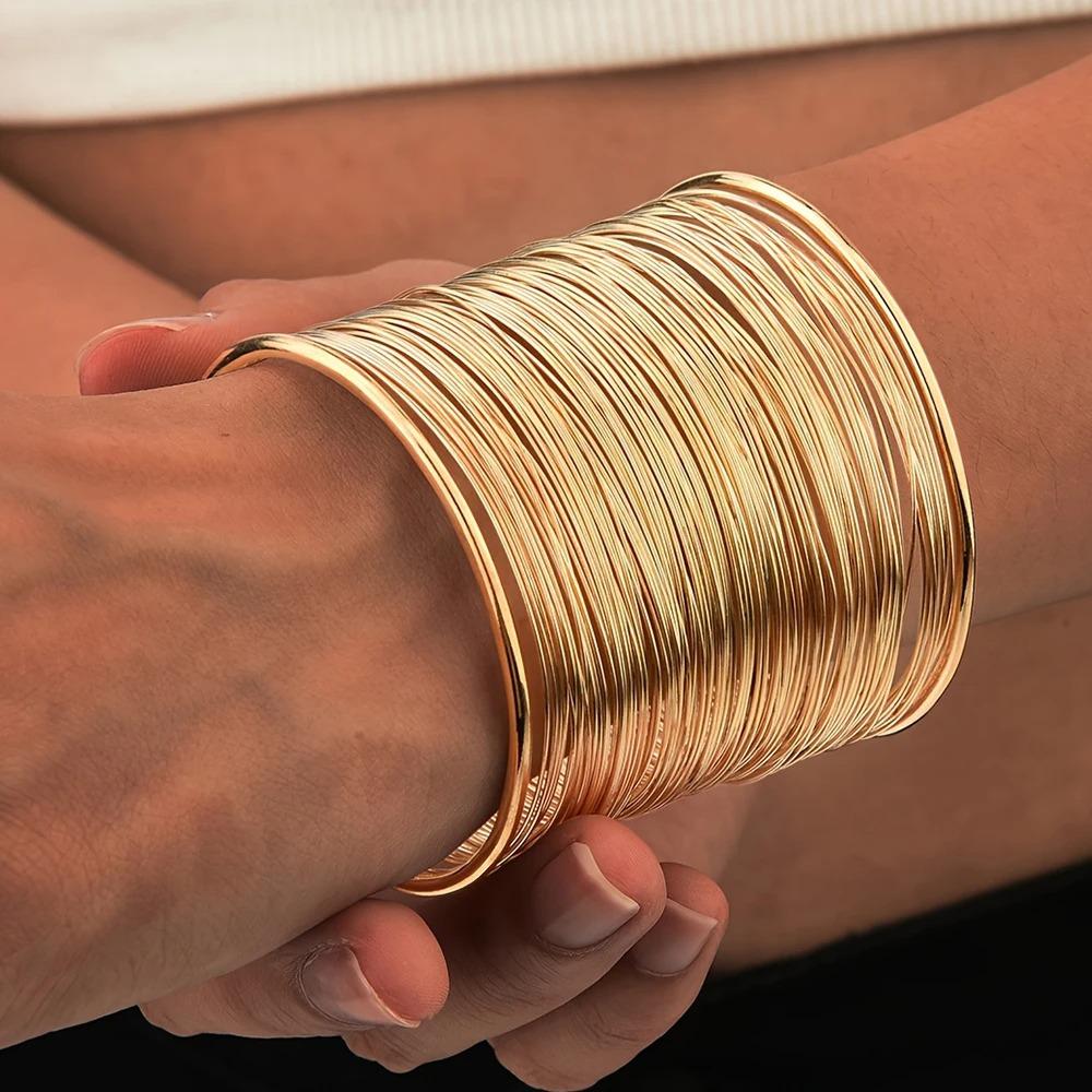 Hyperbolic Layered Gold Plated Wide Wire Bracelet Cuff Bangle for Women Exaggerated Wrist Wrap Bangle Hand Jewelry Gift