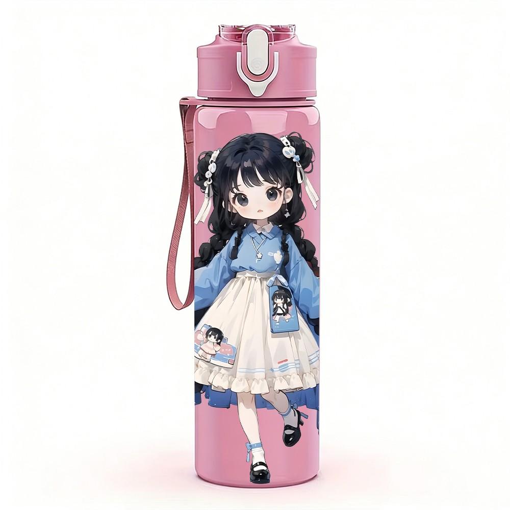 1PC Blue Dress Long Hair Girl Pattern 750ml Color Plastic Sports Water Bottle Leakproof Flip Straw Lid Suitable for Sports Office Home Use