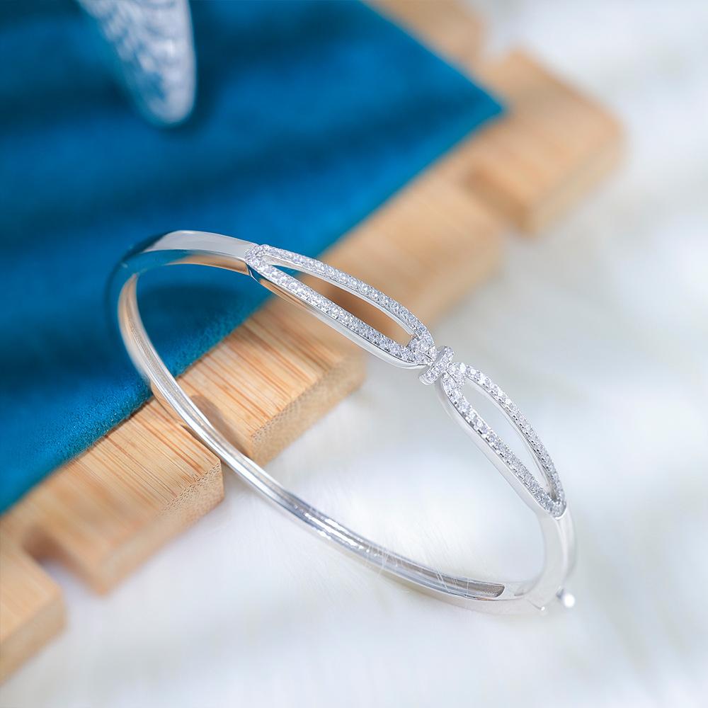 High-End S925 Silver Plain Bangle With Sparkling Zirconia Stylish Women Cuff Bracelet