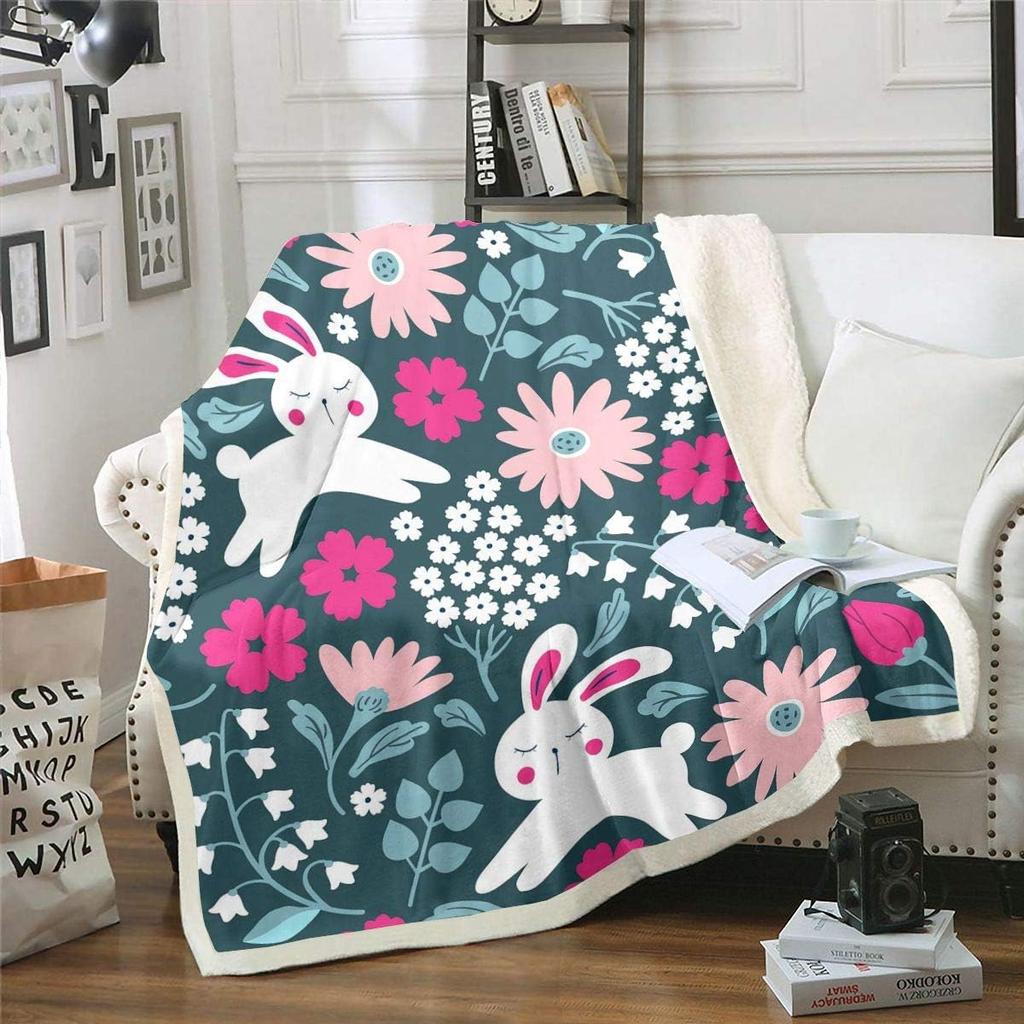 Cute bunny floral blanket pastel flowers soft throw spring decor kids room bedding animal print home textile cozy bedroom