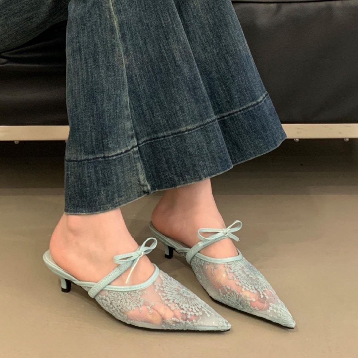 

French Fairy Breathable Mesh Lace Bag Head Sandals Female Summer Kitten Heel Empty Single Shoes 39
