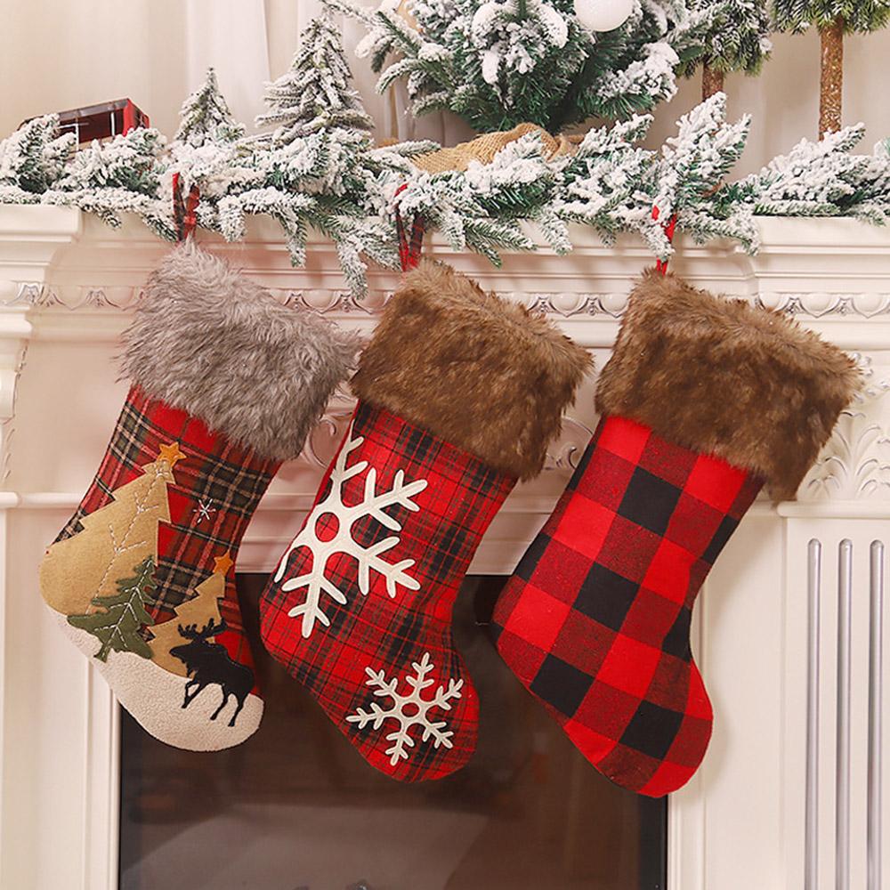 Christmas Stocking 18'' 3D with Plaid Snowflake Plush Faux Fur Cuff Christmas Decorations and Party Decorations Style 1