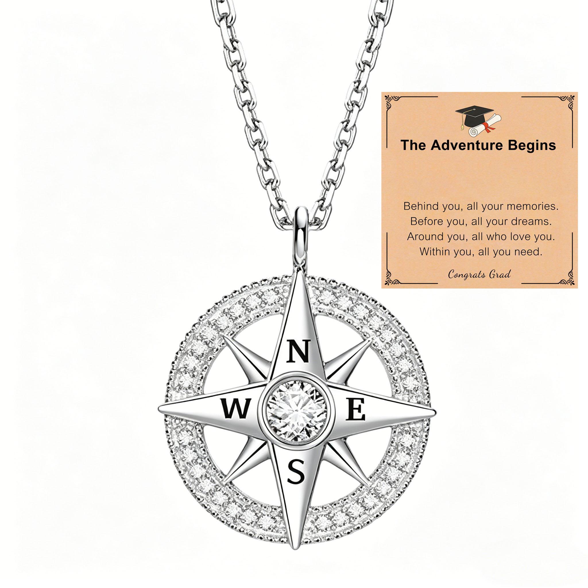 Class of 2026 Graduation Gift Cubic Zirconia Compass Necklace Women Non Tarnish Stainless Steel Inspirational Adventure Jewelry