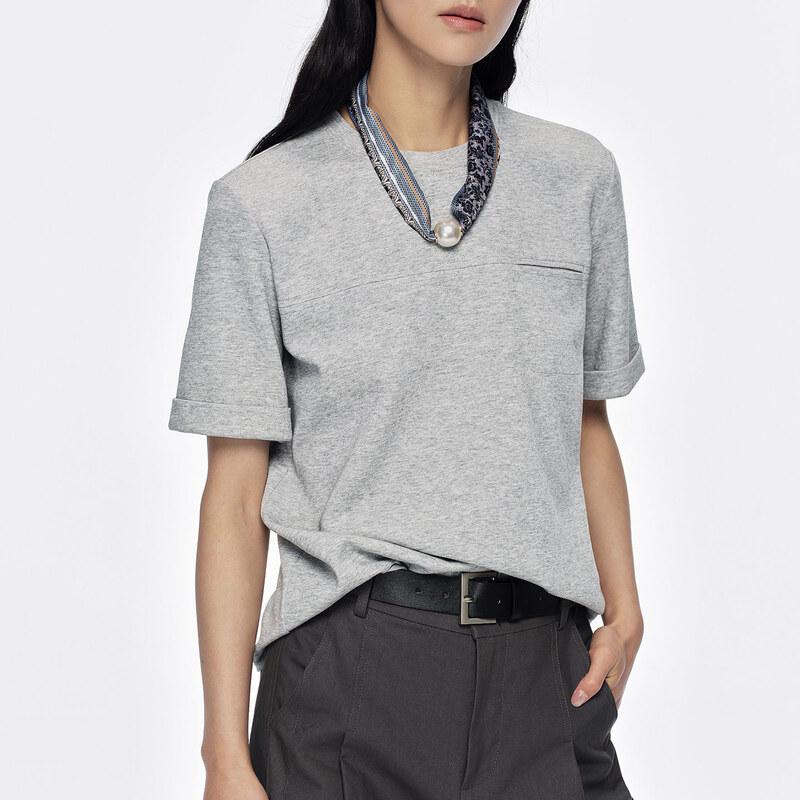 

Women s Simple Rolled-Cuff Round Neck T-Shirt L