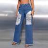 Women's European and American INS Fashion Casual Ripped Wide-Leg Denim Pants