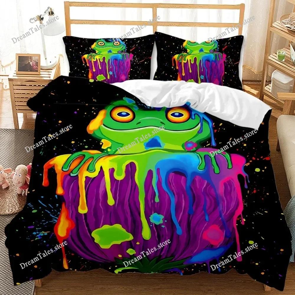 Bedding Cartoon Frog Duvet Cover KingQueen Size Fantasy Galaxy Animal Colored Frogs Design Psychedelic Polyester Quilt Cover741