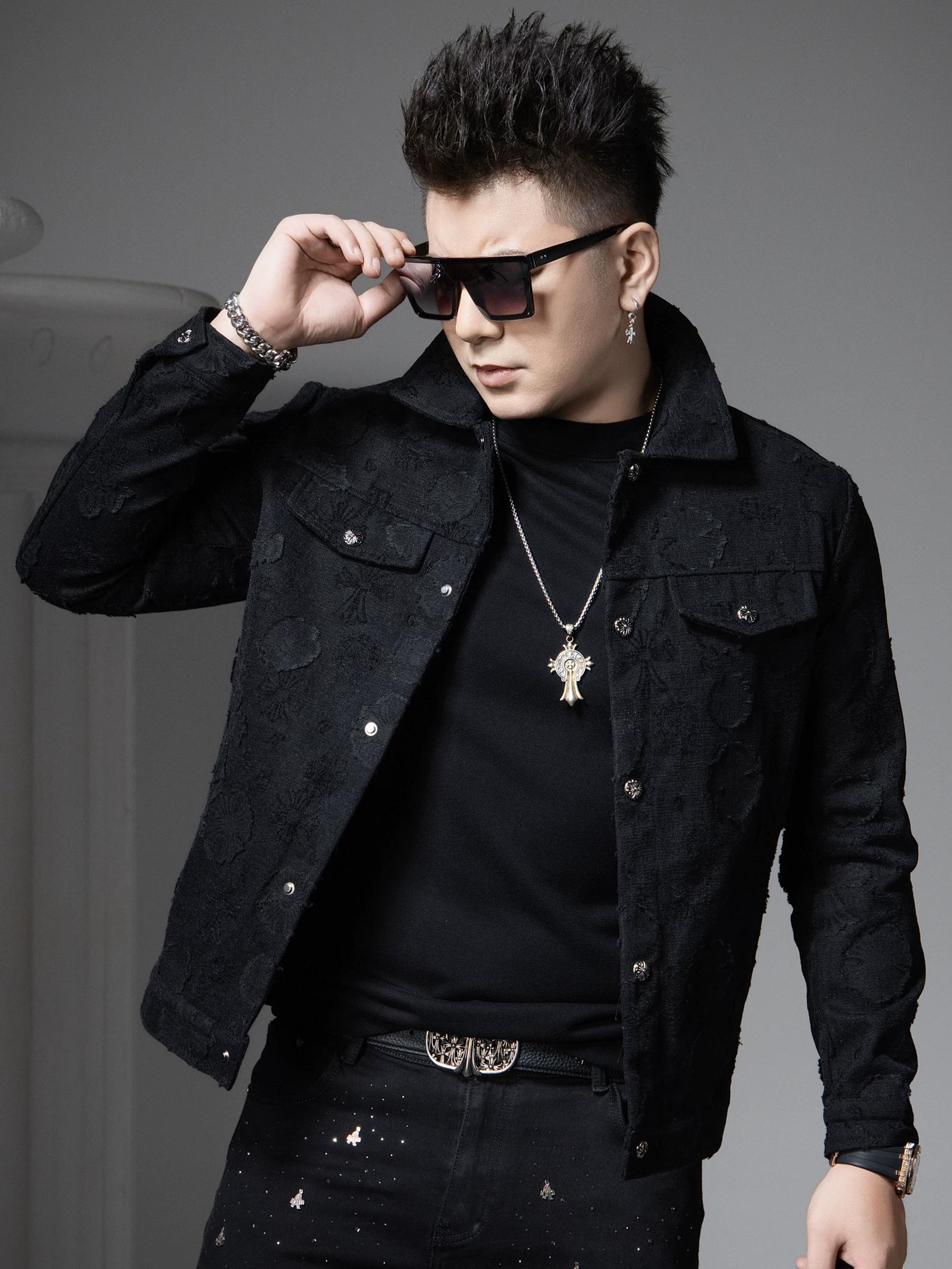 European Trendy Brand Jacquard Workwear Jacket Men s Casual Top 2025 New Autumn Fashion Lapel Coat Men s Clothing 4XL чёрный