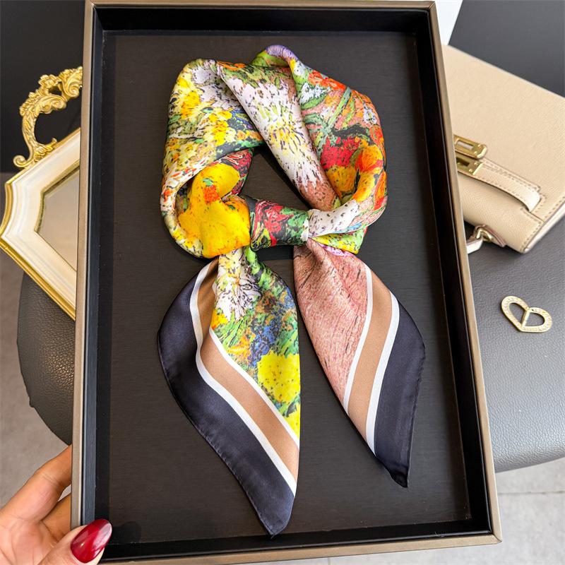 Luxury Brand Neckerchief Female Square Scarf for Women Silk Feeling Shawl Satin Hijab Fashion Wraps Hair Bands Ribbon Headband