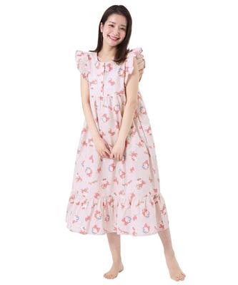 SAZAC Hello Kitty One-Piece Nightgown, 100% Cotton Broadcloth, Women's Button-Front Pajamas, Loungewear, with Hello Kitty Ribbon (Apricot/M-L/SAN1800)