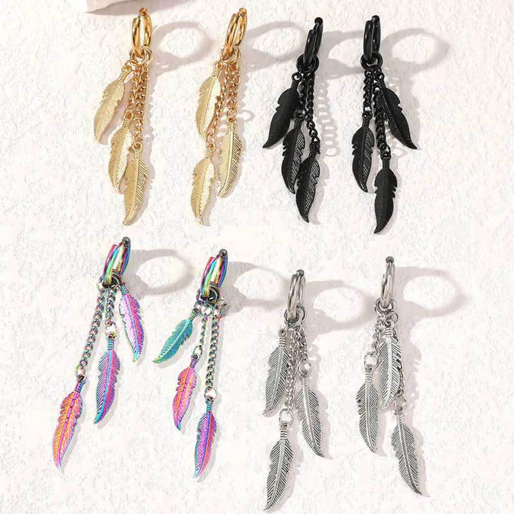 2pc Punk Colored Stainless Steel Feather Earrings, Leaf Chain Earrings, Long Earrings, Suitable For Women's Gatherings