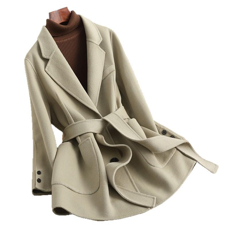 Autumn new wool coat women's fashion double-sided woolen coat lace-up medium and long coat coat