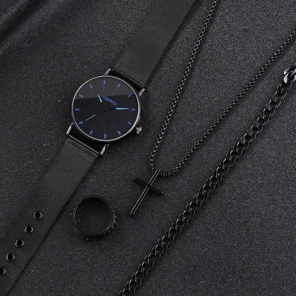 Vintage Diablo Stainless Steel Quartz Watch Set Cross Necklace Ring Bracelet Men's and Women's Watches