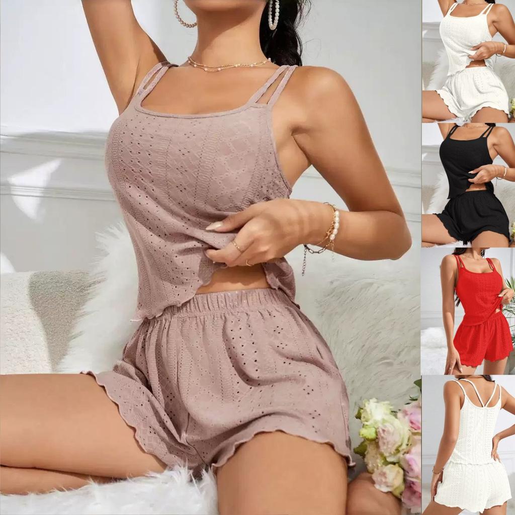 Hollow Out Eyelet Knit Pajama Set Women's Double Strap Cami Top Lettuce Hem Shorts Two Piece Summer Loungewear Sleepwear