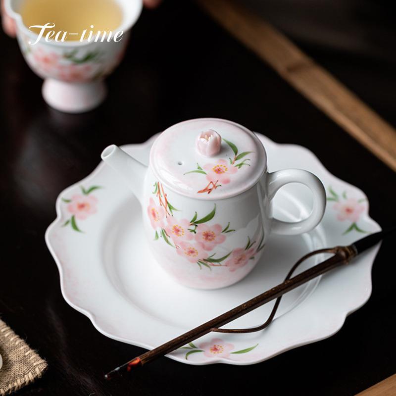 Pure Hand Painted Peach Blossom Tea Pot Kettle Japanese Teapot Porcelain Chhai Filter Handmade Puer Ceramic Pots Supplies Clay