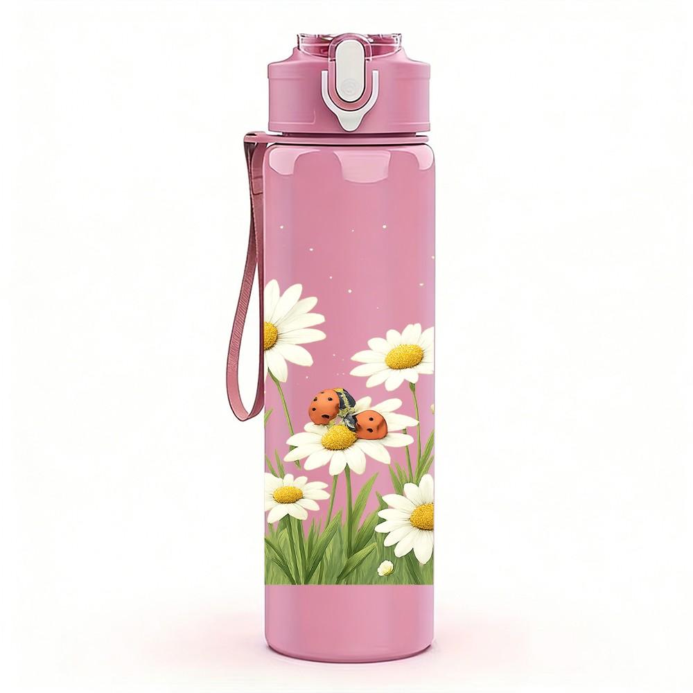 1 PZ Bottiglia Sportiva in Plastica da 750ml Campo di Fiori Selvatici e Erba Margherite Tappo Flip-Straw Ermetico Adatta per Sport Ufficio Uso Domestico