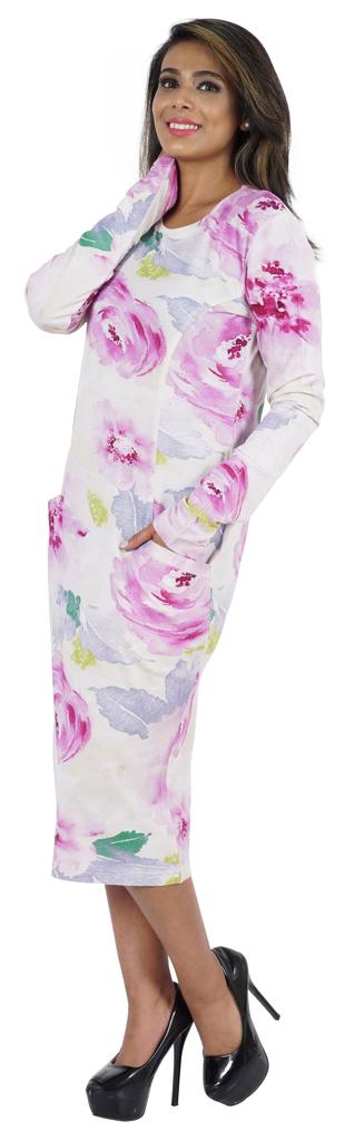 Bimba Printed Long Bodycon Dress With Pockets For Women Full Sleeves Dress Midi