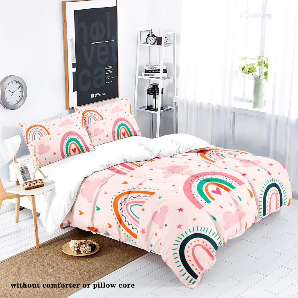 3-piece down duvet cover with cartoon rainbow pattern print (1 duvet cover+2 pillowcases, no core) girls' bedding set