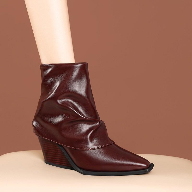 Damskie Buty 2026 Nowe Damskie Botki z Bocznym Zamkiem Modne Odwrócona Krawędź Biurowe i do Kariery Seksowne Szpiczaste Botki na Koturnie